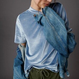 Anthropologie Blue Velvet Short Sleeve Mock Neck Size XS